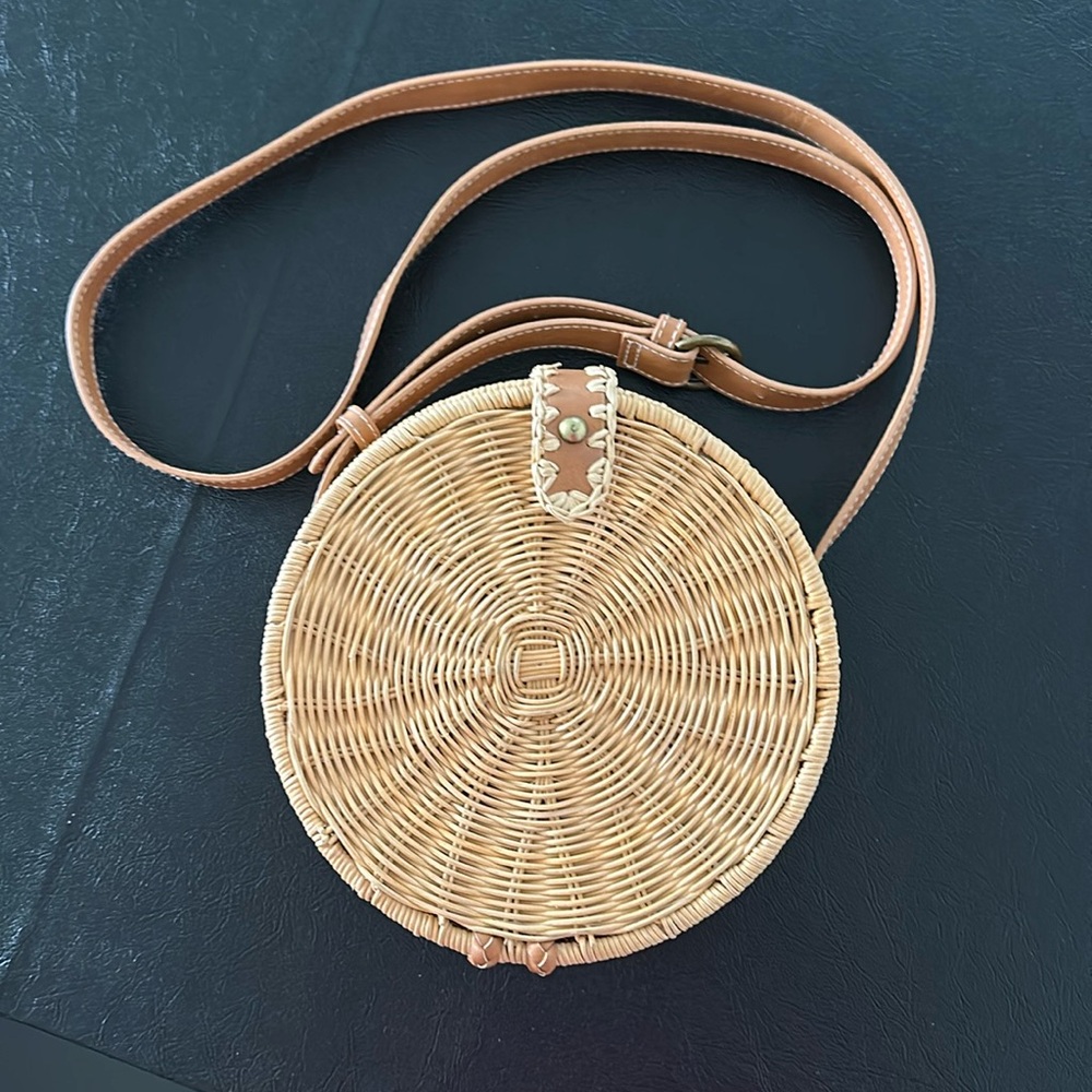 Round Rattan Crossbody Bag With magnetic Button Closure by universal threads